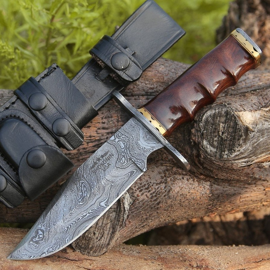 Utility Knife - Paragon Damascus Bowie Knife with Exotic Rosewood Handle - Shokunin USA