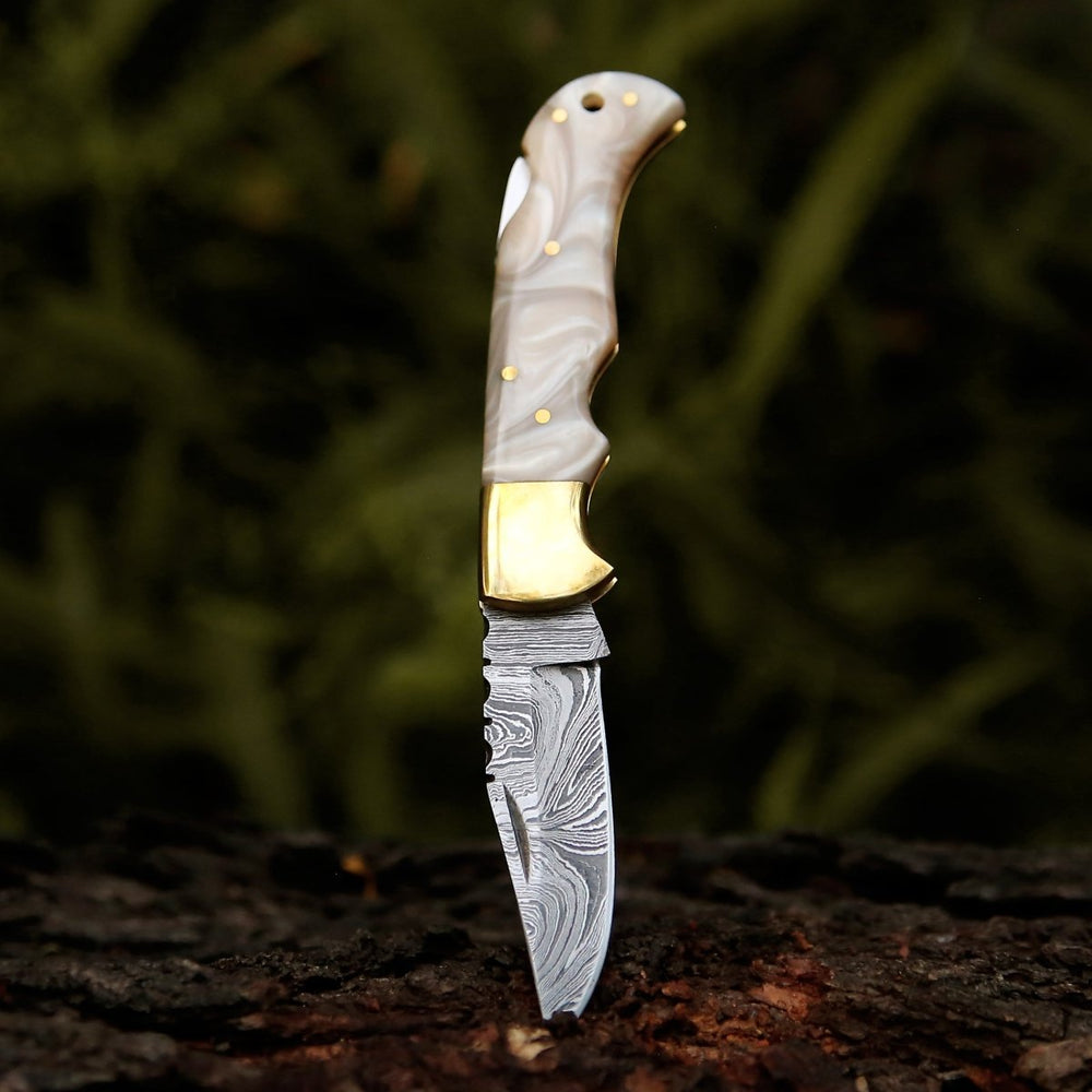 Utility Knife - Pinnacle Damascus Pocket Knife with Mother of Pearl Handle - Shokunin USA