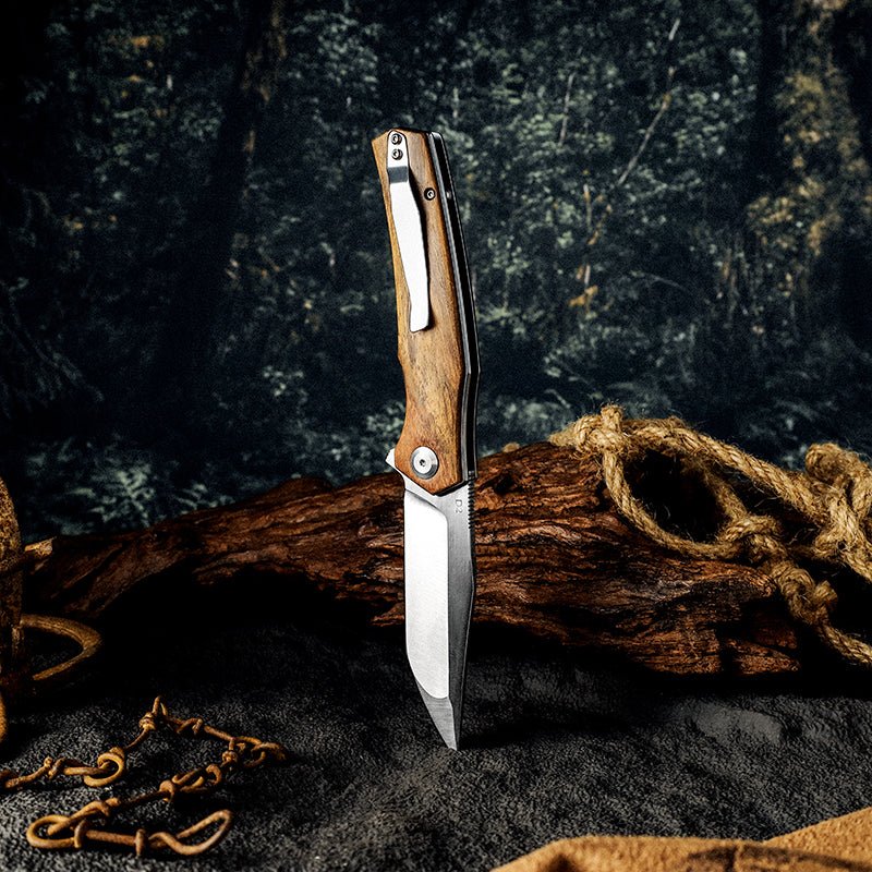 Damascus Knife - Polaris D2 Steel Pocket Knife with Exotic Sandal Wood Handle - Shokunin USA