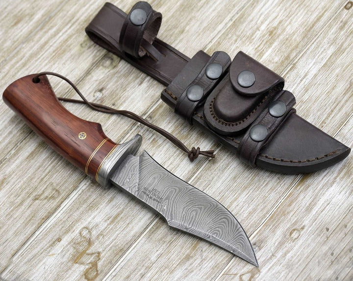 Damascus Knife - Polaris Damascus Hunting Knife with Exotic Red Heart Wood Handle - Shokunin USA