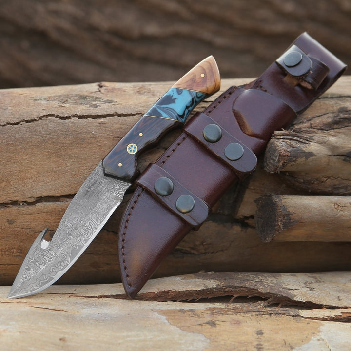 Damascus Knife - PrimalEdge Damascus Gut Hook Knife with Exotic Wenge Wood and Turquoise Handle - Shokunin USA