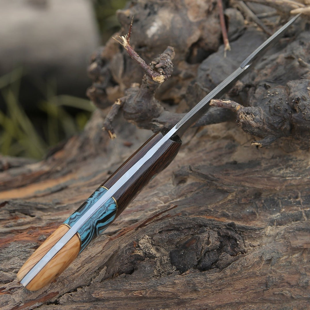 Damascus Knife - PrimalEdge Damascus Gut Hook Knife with Exotic Wenge Wood and Turquoise Handle - Shokunin USA