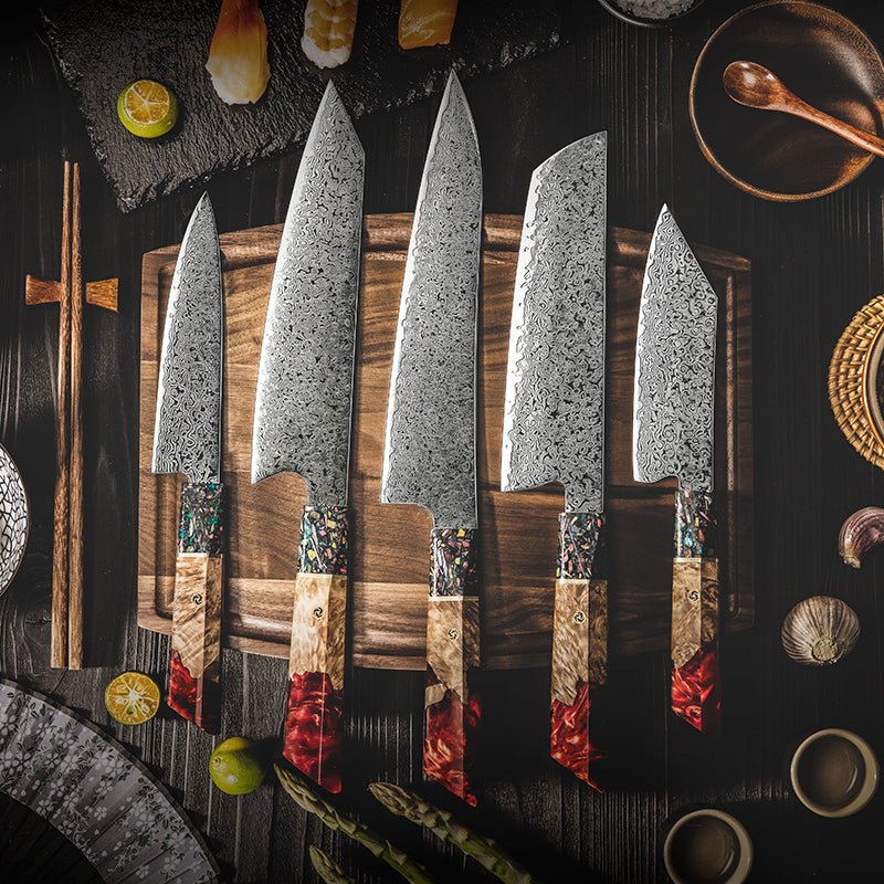 Chef Knife Set - Pristine VG10 Chef Knife Set with Damascus Steel Exotic Stabilized Olive Wood Handle & Sheath - Shokunin USA