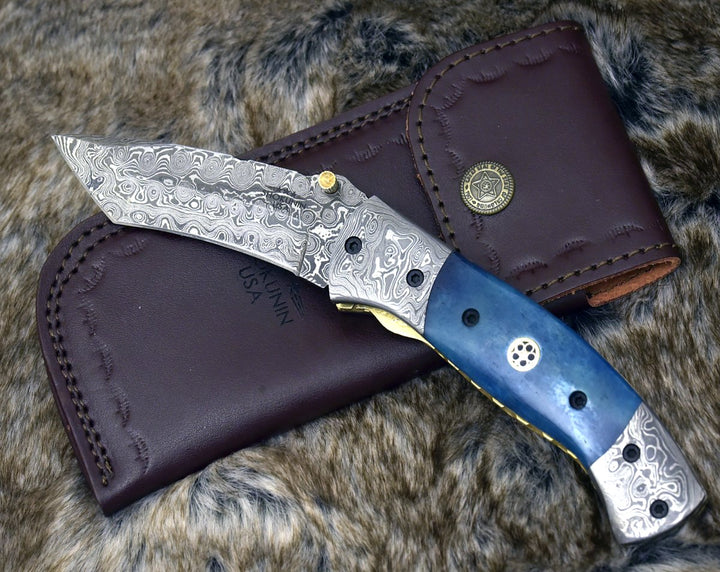 Pocket Knife - Prudence Tanto Blade Handmade Damascus Folding Pocket Knife with Bone Handle - Shokunin USA