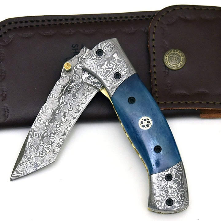 Pocket Knife - Prudence Tanto Blade Handmade Damascus Folding Pocket Knife with Bone Handle - Shokunin USA