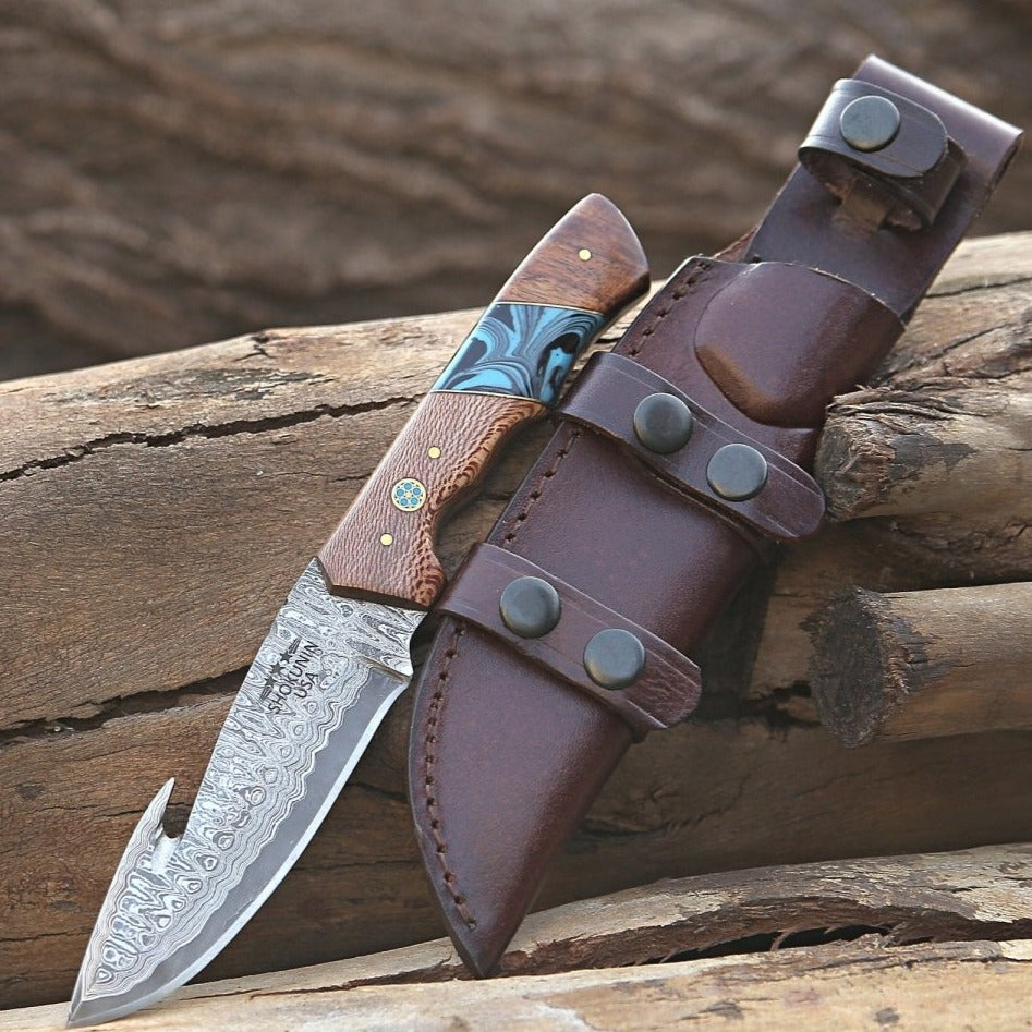 Damascus Knife - Python Damascus Gut Hook Knife with Exotic Leopard Wood & Turquoise Handle - Shokunin USA