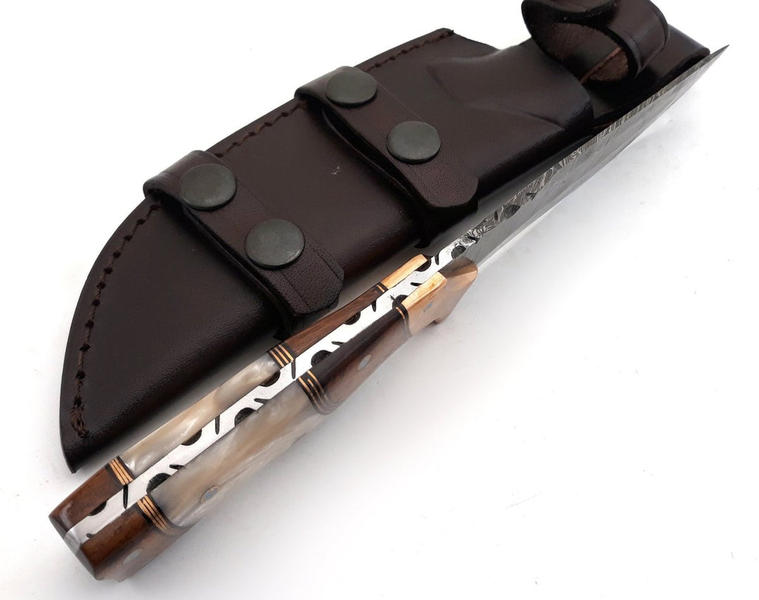 Damascus Steel Knife - Reaper Damascus Hunting Knife with Mother of Pearl, Exotic Rose Wood and Copper Handle - Shokunin USA