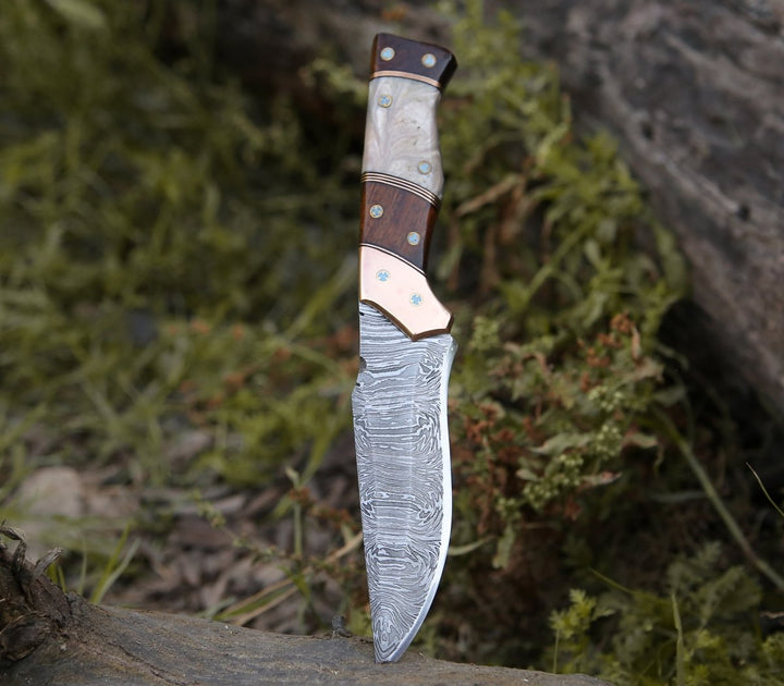 Damascus Steel Knife - Reaper Damascus Hunting Knife with Mother of Pearl, Exotic Rose Wood and Copper Handle - Shokunin USA