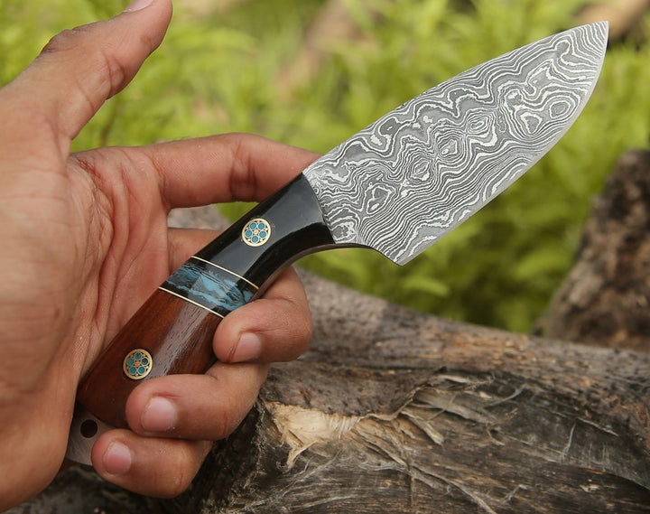 Utility Knife - Rift Damascus Skinning Knife with Exotic Rosewood & Resin Handle - Shokunin USA