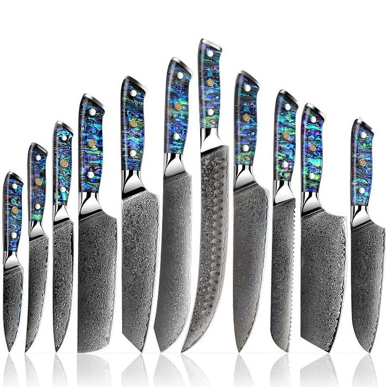 Chef Knife Set - Ronin VG10 Kitchen knife Set - Damascus Steel & Abalone Shell Handle - Shokunin USA