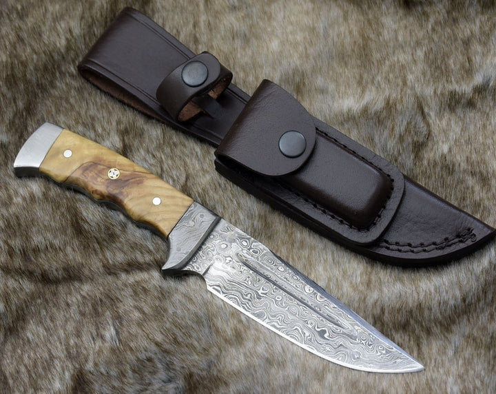 Damascus Knife - Rune Camping Knife with Exotic Leopard Wood Handle - Shokunin USA