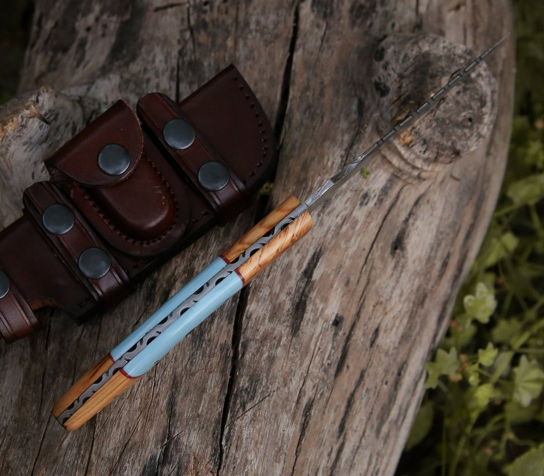 Skinning knives - Savage Damascus Hunting Knife with Olive Wood & Resin Handle - Shokunin USA