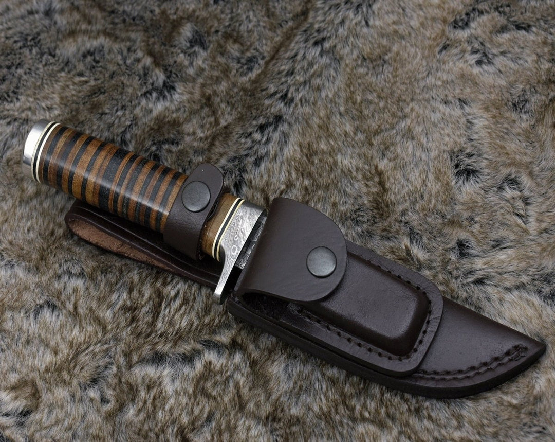 Utility Knife - Serenity Damascus Hunting Knife with Stacked Leather Handle - Shokunin USA