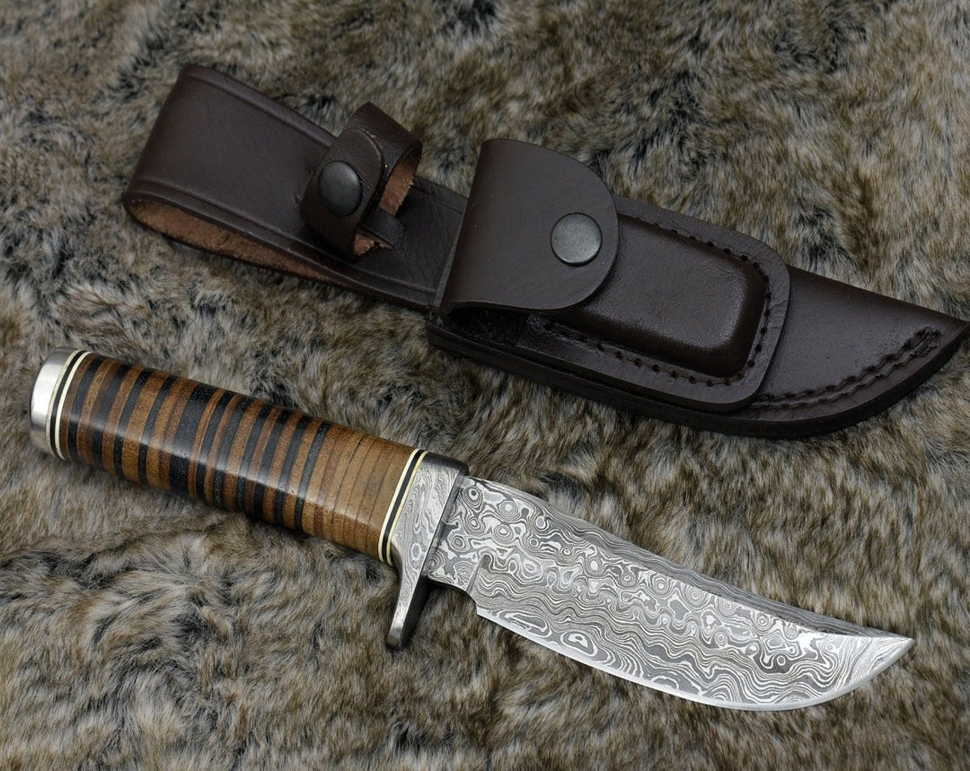 Utility Knife - Serenity Damascus Hunting Knife with Stacked Leather Handle - Shokunin USA