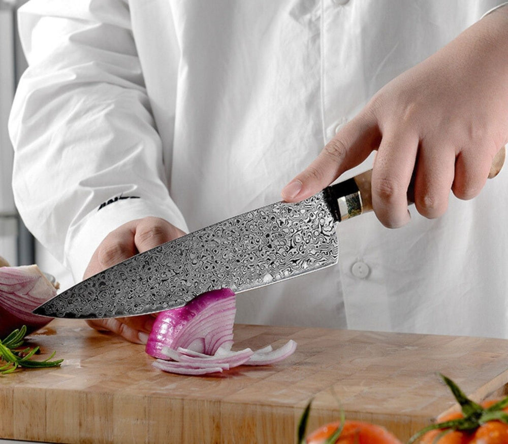 Chef Knife - Shinobi Chef Knife with Exotic Olive Wood & Mother of Pearl Handle - Shokunin USA