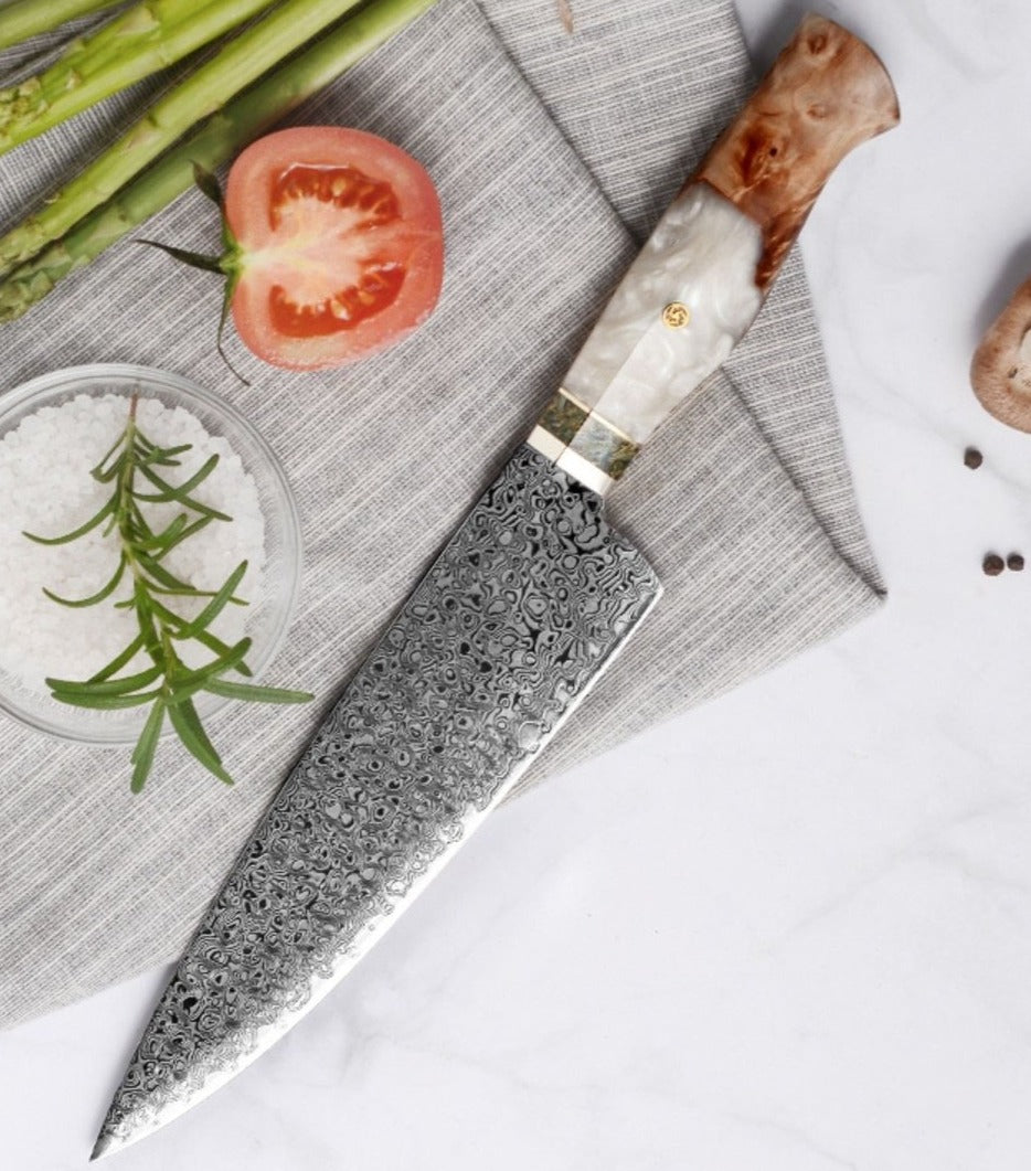 Chef Knife - Shinobi VG10 Chef Knife with Exotic Olive Wood & Mother of Pearl Handle - Shokunin USA