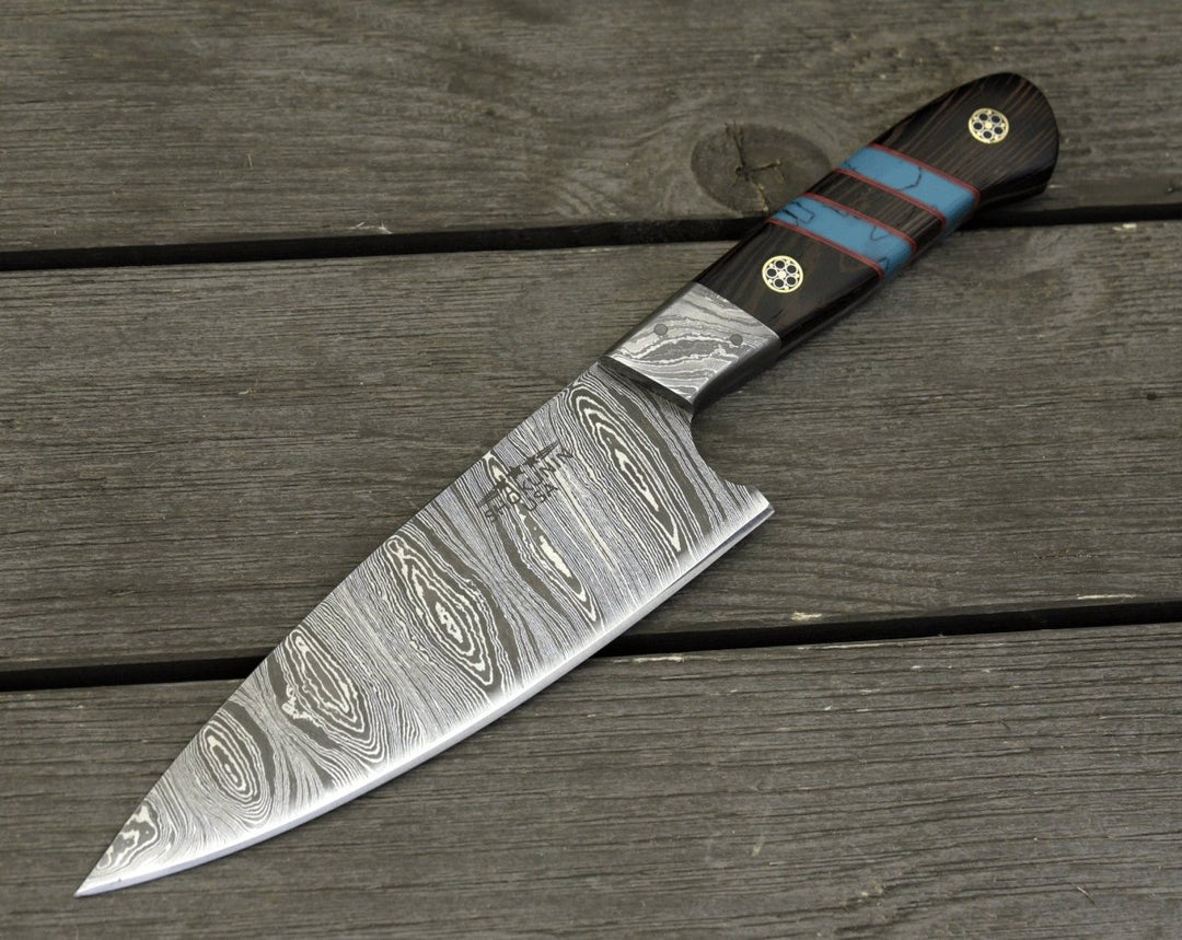 Chef knife - Solstice Damascus Chef Knife with Exotic Wenge Wood & Turquoise Handle - Shokunin USA