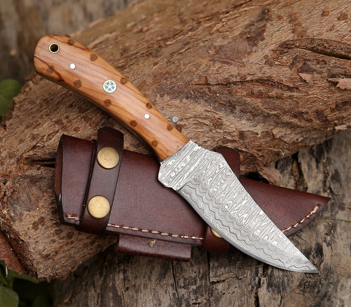 Damascus Knife - Spectral Field Dressing Knife with Olive Wood Handle - Shokunin USA