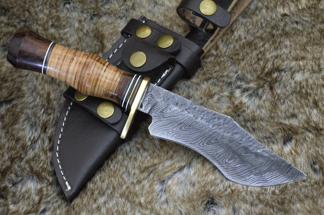 Damascus Knife - Talon 10.5" Fixed Blade Tanto Knife with Stacked Leather Handle - Shokunin USA