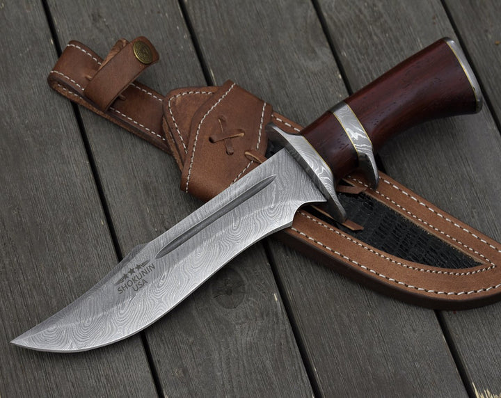 Utility Knife - Tide Damascus Bowie Knife with Exotic Red Heart Wood Handle & Sheath - Shokunin USA