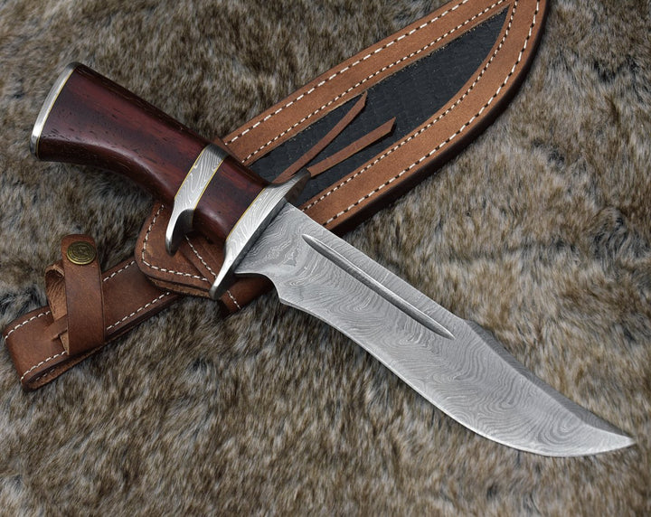 Utility Knife - Tide Damascus Bowie Knife with Exotic Red Heart Wood Handle & Sheath - Shokunin USA