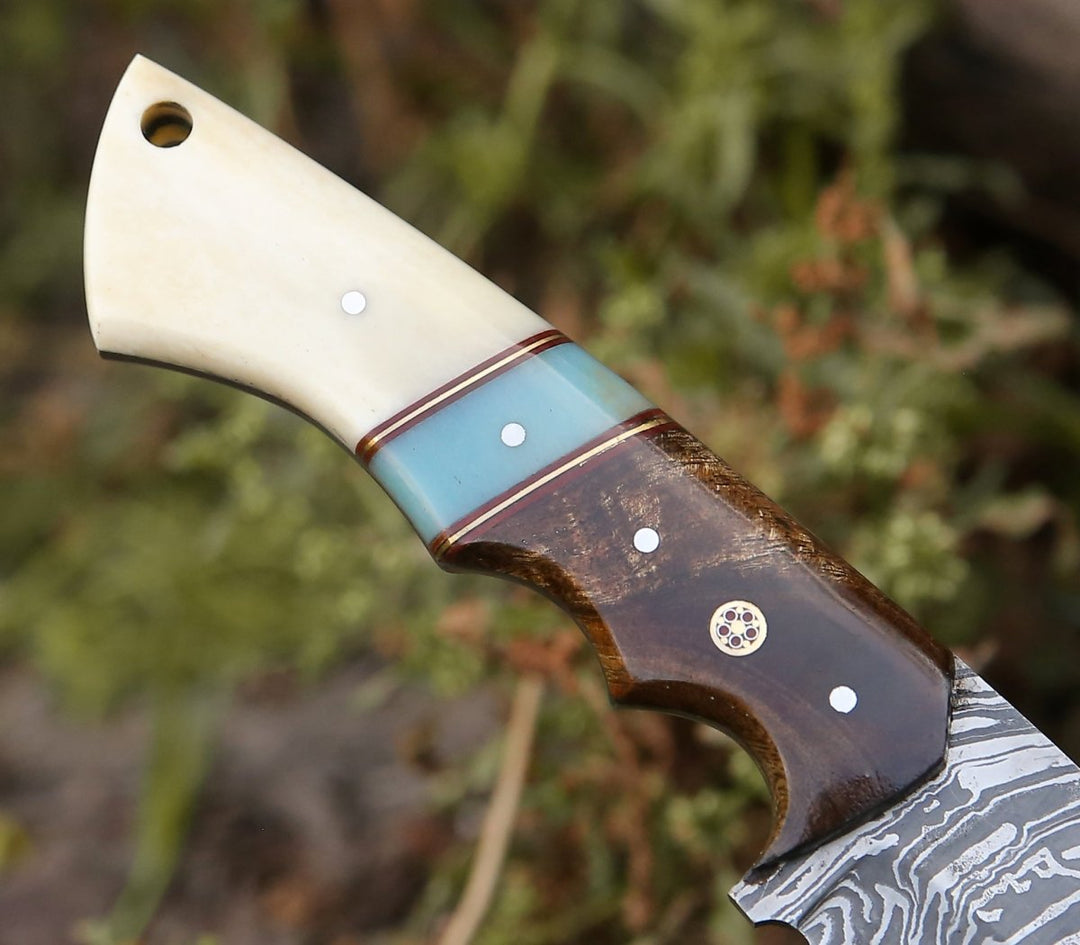 Utility Knife - Velar Damascus Gut Hook Hunting Knife with Rose Wood and Bone Handle - Shokunin USA