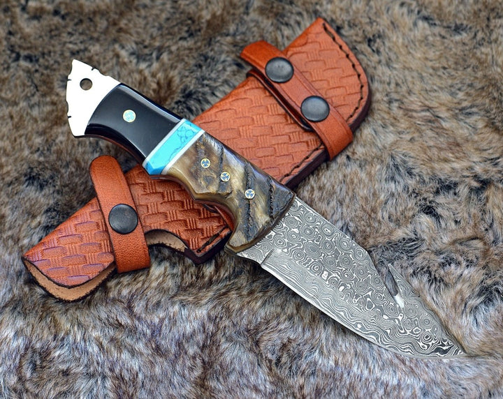 Utility Knife - Vertex Damascus Gut Hook Knife with Ram Horn & Turquoise Handle - Shokunin USA