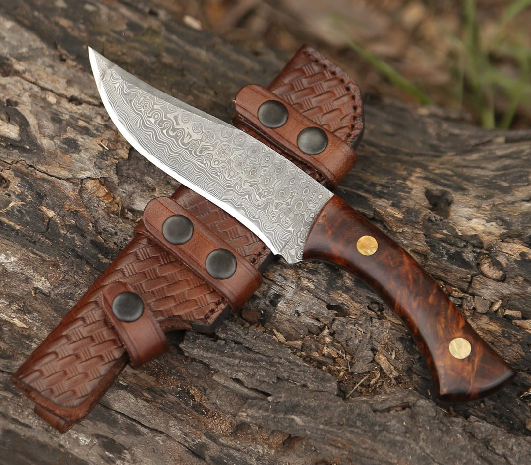 Damascus Knife - Virtue Damascus Hunting Knife Fixed Blade with Exotic Rose Wood Handle - Shokunin USA