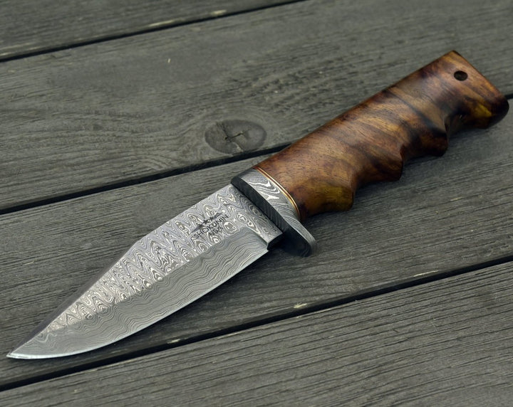 Damascus Knife - Vivid Damascus Hunting Knife with Exotic Rose Wood handle - Shokunin USA