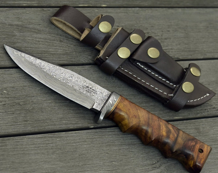Damascus Knife - Vivid Damascus Hunting Knife with Exotic Rose Wood handle - Shokunin USA