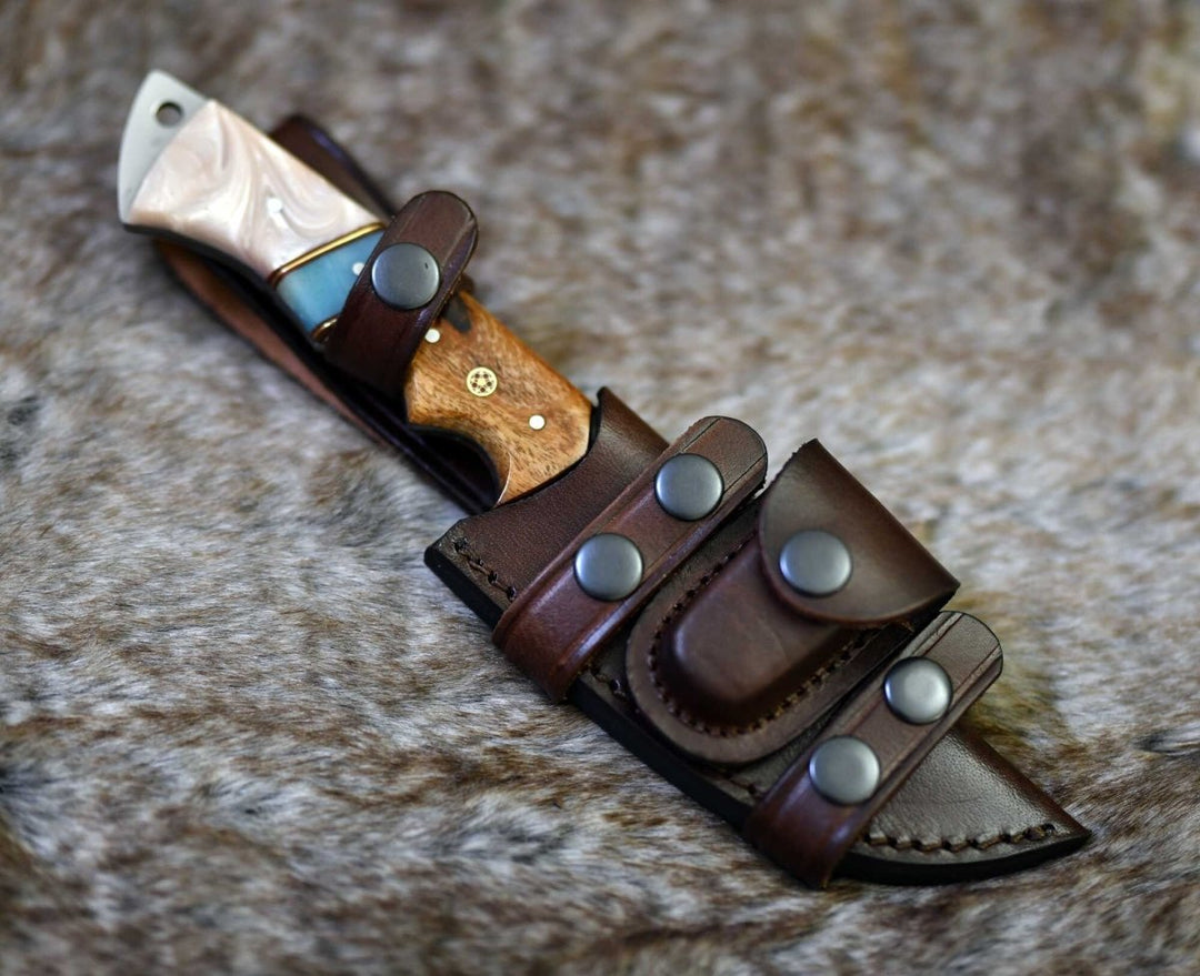 Damascus Knife - Voyager Damascus Gut Hook Knife with Exotic Rose Wood and Mother of Pearl Handle - Shokunin USA