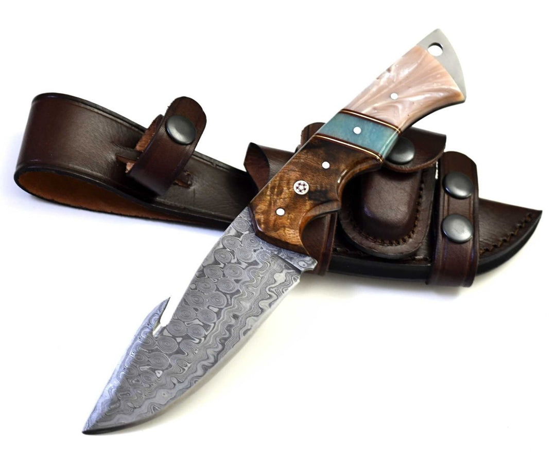 Damascus Knife - Voyager Damascus Gut Hook Knife with Exotic Rose Wood and Mother of Pearl Handle - Shokunin USA