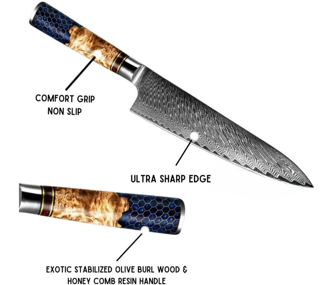 Chef knife - Yamato Chef knife with Exotic Olive Burl Wood & Honeycomb Composite Handle - Shokunin USA