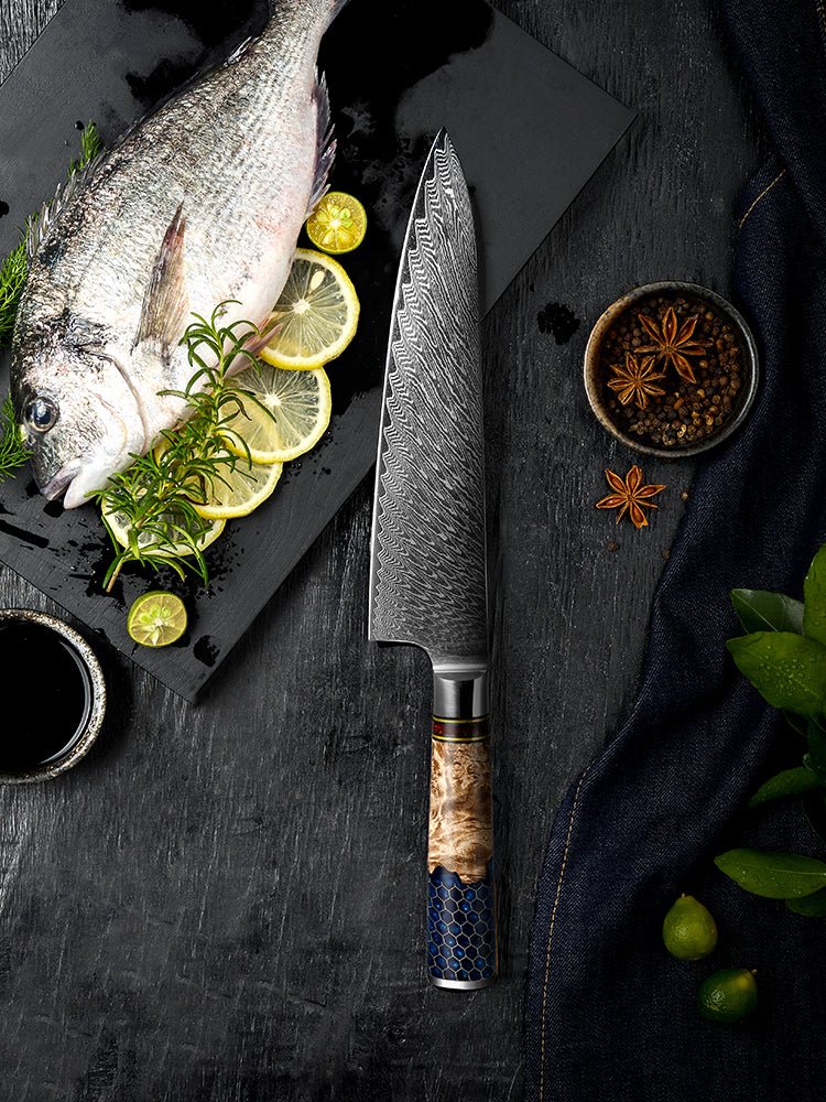 Chef knife - Yamato Chef knife with Exotic Olive Burl Wood & Honeycomb Composite Handle - Shokunin USA