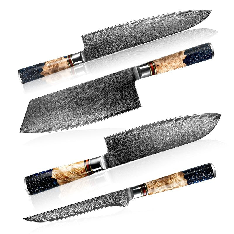 Chef Knife Set - Yamato Damascus Chef Knife Set with Exotic Olive Wood Handle & Resin Honeycomb Handle with Sheath - Shokunin USA