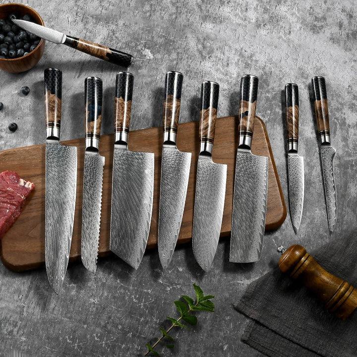 Chef Knife Set - Yamato Damascus Chef Knife Set with Exotic Olive Wood Handle & Resin Honeycomb Handle with Sheath - Shokunin USA