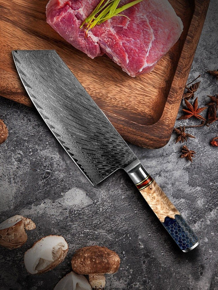 Chef knife - Yamato VG10 Damascus Cleaver Knife with Exotic Olive Wood & Honeycomb Resin Composite Handle - Shokunin USA